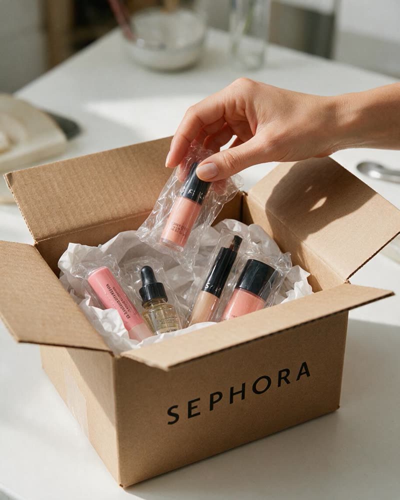 Un carton Sephora ouvert sur une table de cuisine, une main sort un produit sous film.